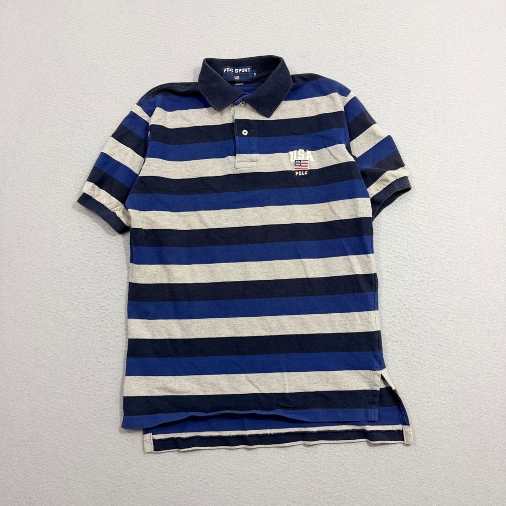Vintage Polo Sport Shirt Medium Blue USA Polo Striped Short Sleeve Shirt 90s